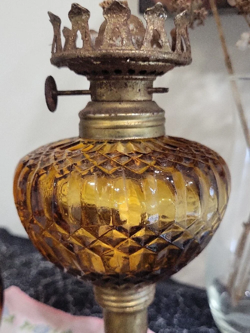 RARE FIND ** 1960's Amber Glass Hurricane Lamp Pair —
